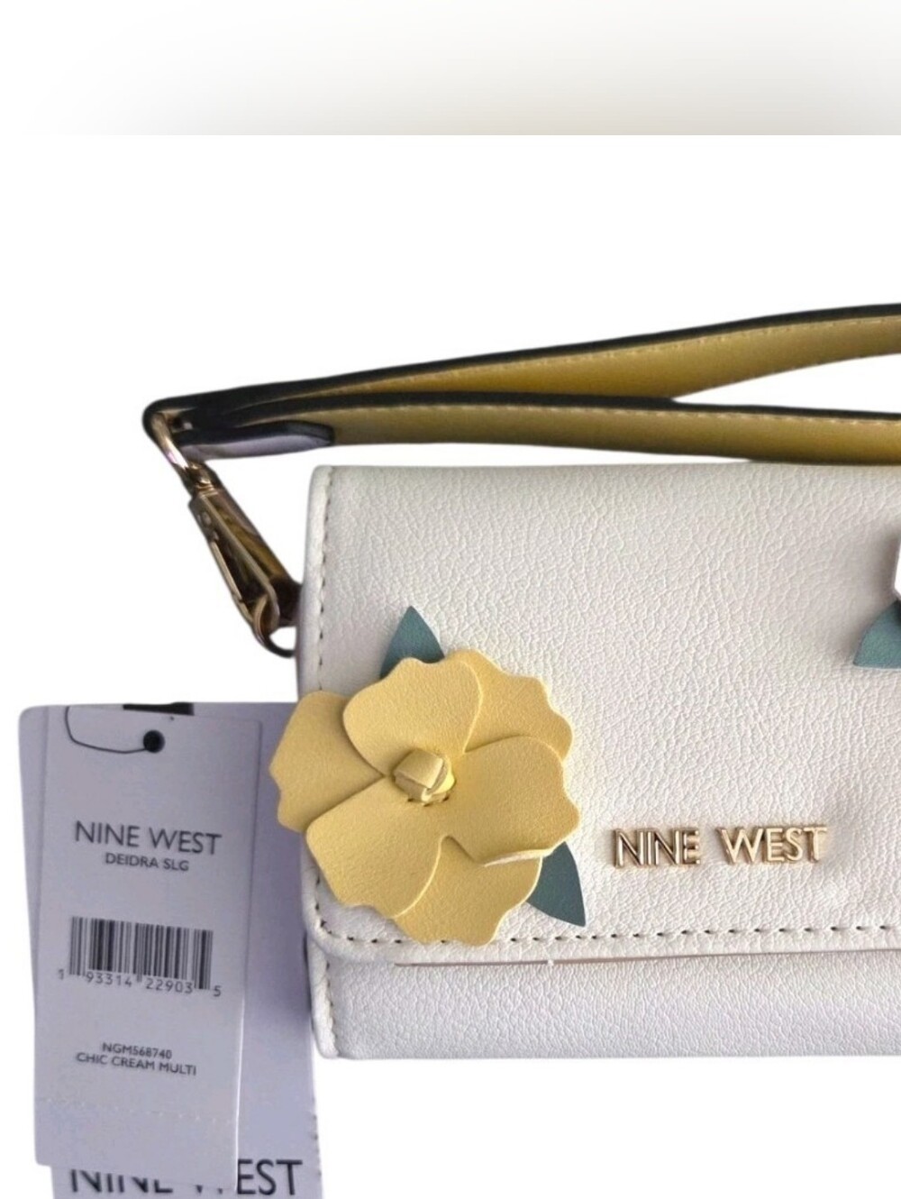 Nine West Deidra Floral Applique Tri-Fold Wristlet Wallet Chic Cream Yellow NWT